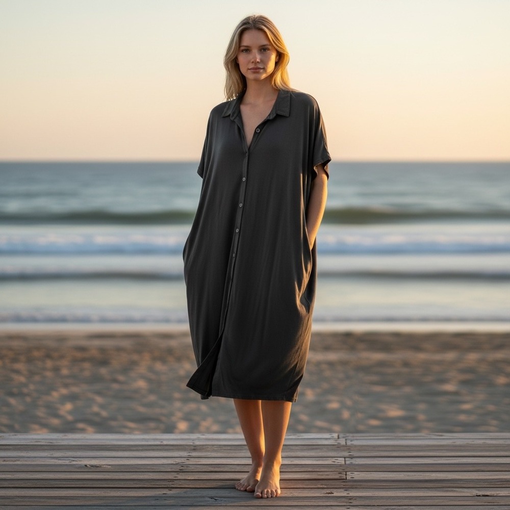 Eileen Fisher Gray Viscose Jersey Button Front Shirt Dress Large S18VF